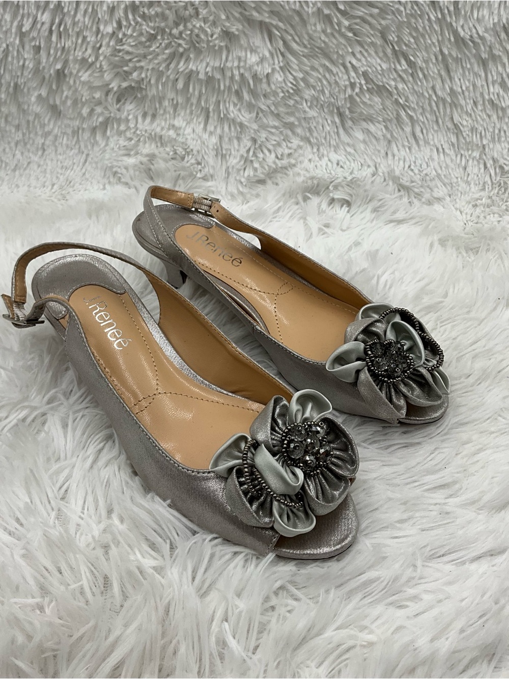 J.Renee Flats Size 7.5 Silver Sati Slingback Peep-Toe Flats with Flower Appliqué